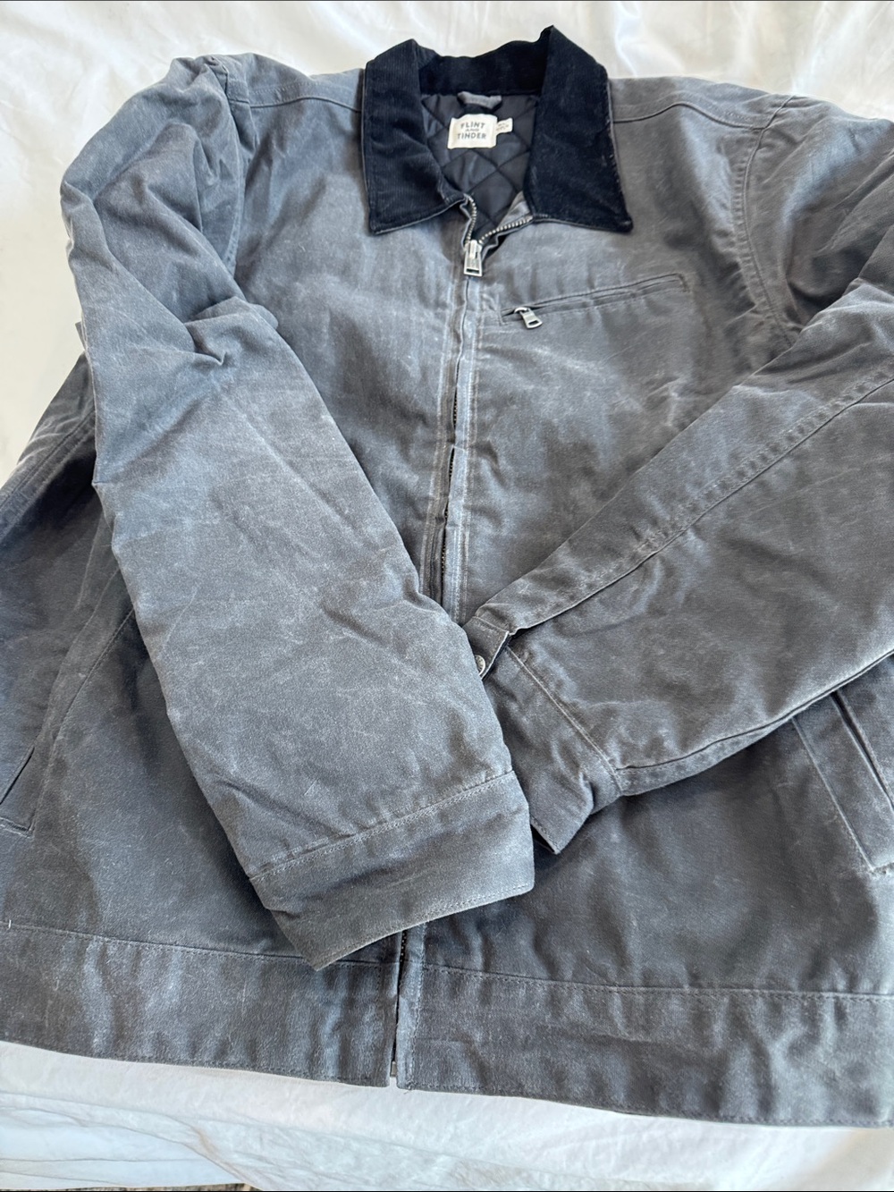 Flint & Tinder Waxed Charcoal Grey Corduroy-Collar Zip Jacket